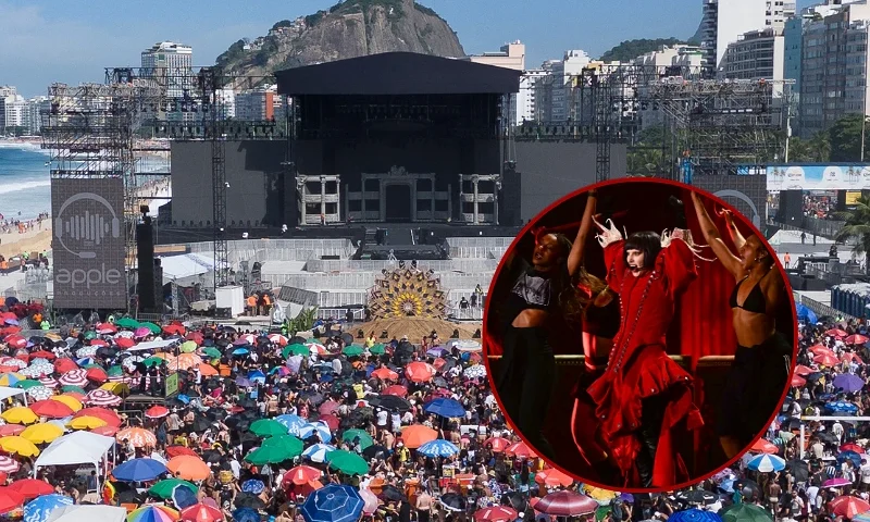 (Background) In this aerial view fans of US singer Lady Gaga wait hours before the beginning of her mega-concert at Copacabana Beach in Rio de Janeiro, Brazil, on May 3, 2025. (Photo by Pablo PORCIUNCULA / AFP) (Photo by PABLO PORCIUNCULA/AFP via Getty Images) / (R) US singer Lady Gaga (C) performs with her dancers during a rehearsal at Copacabana beach in Rio de Janeiro, Brazil, on May 2, 2025. Lady Gaga will perform a free mega-concert on May 3 on Rio de Janeiro's Copacabana Beach. (Photo by Pablo PORCIUNCULA / AFP) (Photo by PABLO PORCIUNCULA/AFP via Getty Images)