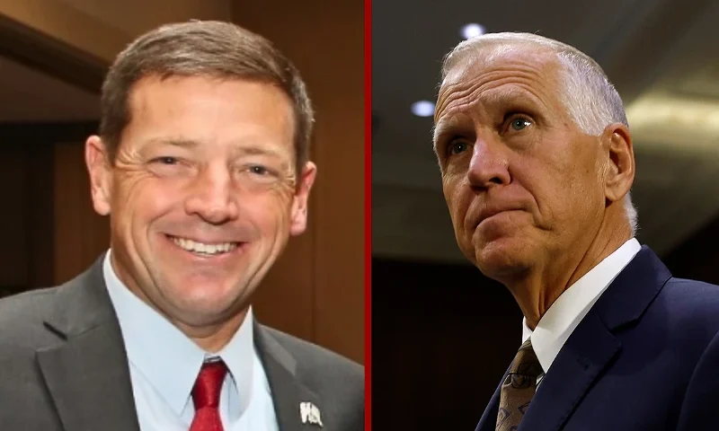 (L) Edward R. Martin, Jr. (Photo via: Department of Justice) / (R) WASHINGTON, DC - MAY 06: U.S. Sen. Thom Tillis (R-NC) arrives for a Senate Veterans Affairs Committee hearing with U.S. Secretary of Veterans Affairs Doug Collins in the Dirksen Senate Office Building on May 06, 2025 in Washington, DC. The committee held a hearing to examine the future of the U.S. Department of Veterans Affairs. Tillis announced he would oppose the nomination of Ed Martin, President Donald Trump’s nominee to be the U.S. attorney for the District of Columbia. (Photo by Kevin Dietsch/Getty Images)