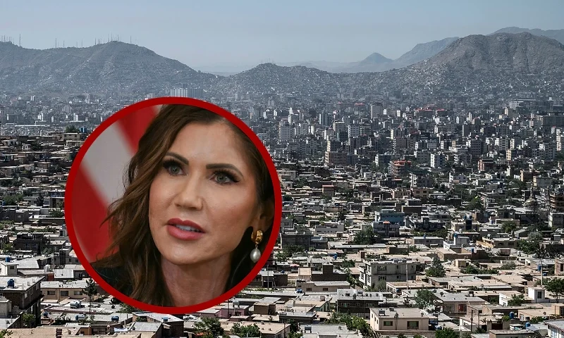 (L) US Secretary of Homeland Security Kristi Noem speaks during a meeting. (Photo by JIM WATSON/AFP via Getty Images) / (Background) A general view shows residential buildings in the city of Kabul on April 27, 2025. (Photo by Wakil KOHSAR / AFP) (Photo by WAKIL KOHSAR/AFP via Getty Images)