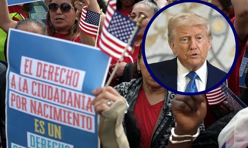 (L) Activists demonstrate during a protest outside the U.S. Supreme Court on May 14, 2025 in Washington, DC. The Supreme Court was scheduled to hear oral argument today on cases whether the Trump administration has the power to end birthright citizenship. (Photo by Alex Wong/Getty Images) / (R) Trump speaks after signing the guest book at Qasr Al-Watan (Palace of the Nation) in Abu Dhabi. (Photo by BRENDAN SMIALOWSKI/AFP via Getty Images)