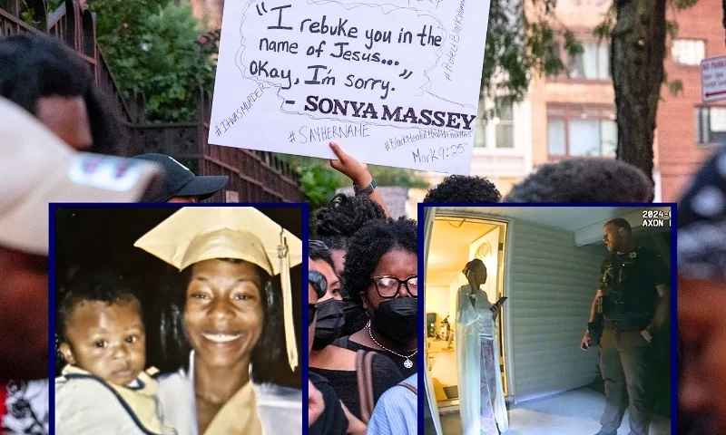 (Background) NEW YORK, NEW YORK - JULY 25: People march through the streets of Manhattan to protest the killing of Sonya Massey on July 25, 2024 in New York City. Massey, a 36-year-old Black woman, had called 911 to report a suspected prowler. One of the arriving officers, Sean Grayson, shot her as she was holding a pot of water on July 6th in Springfield, Illinois. Grayson has been arrested and protests have erupted around the country to demand justice for her death. (Photo by Spencer Platt/Getty Images) / (L-Bottom) Sonia Massey grad picture. (Photo via: AP / Ben Crump Law/ Ben Crump Law) / (R-Bottom) Body cam footage - Sonya Massey, left, talks with former Sangamon County Sheriff’s Deputy Sean Grayson outside her home on July 6, 2024. (Photo via: Illinois State Police)