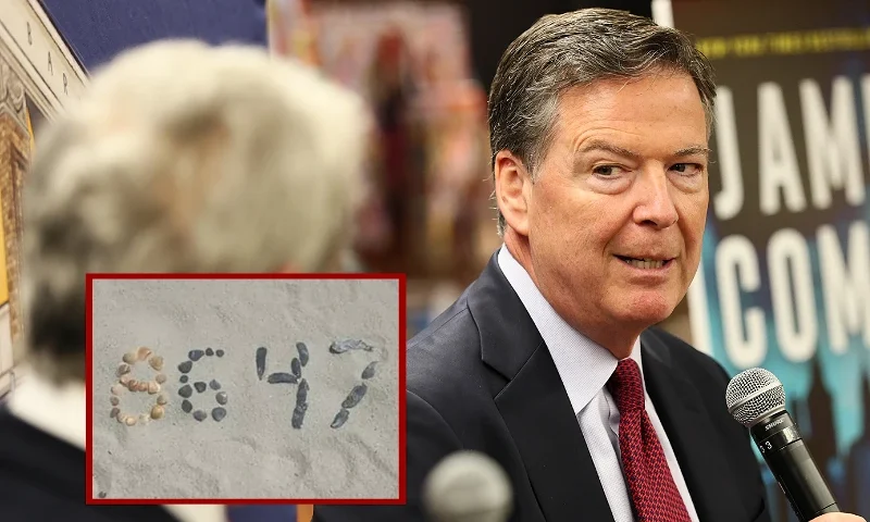 (L) James Comey's infamous seashells social media post. (Photo via: Instragram public profile) / (R) NEW YORK, NEW YORK - MAY 19: Investigative Journalist Richard Esposito and Author James Comey, former FBI Director, speak at the Barnes & Noble Upper West Side on May 19, 2025 in New York City. Comey sat with Esposito to discuss his career and new book "FDR DRIVE," the third of a series of fictional crime novels featuring attorney Nora Carleton. (Photo by Michael M. Santiago/Getty Images)