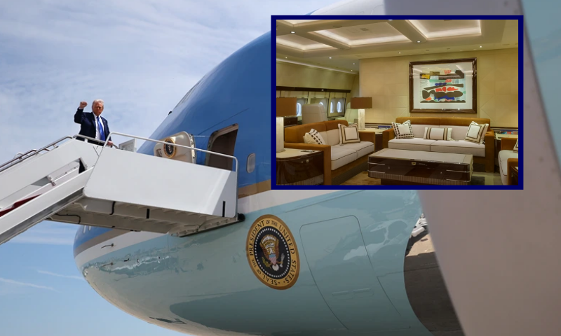 (Background) U.S. President Donald Trump boards Air Force One on May 12, 2025, at Joint Base Andrews, Maryland. (Photo by Win McNamee/Getty Images) / (R) Photo via: youtube.com/@spottiflight1967