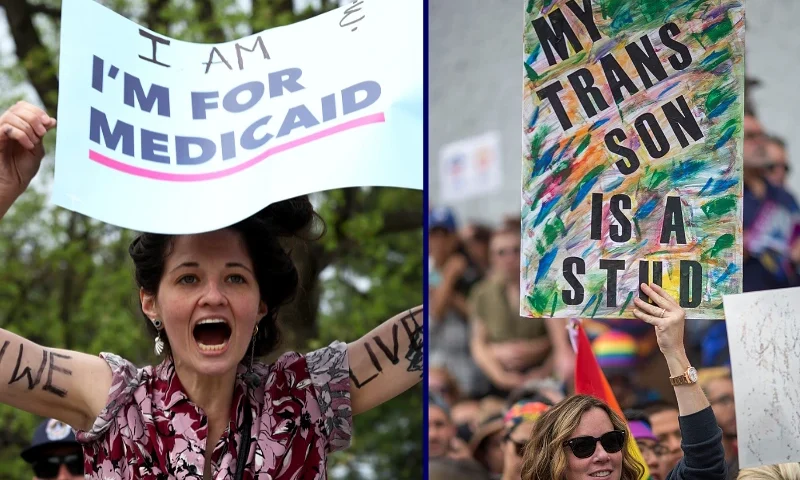 (L) WASHINGTON, DC - APRIL 02: Medicaid recipient Emily Gabriella protests outside the U.S. Supreme Court as oral arguments are delivered in the case of Medina v. Planned Parenthood South Atlantic on April 2, 2025 in Washington D.C. The case details an attempt by the state of South Carolina to exclude Planned Parenthood from its Medicaid program because it provides abortions. (Photo by Kayla Bartkowski/Getty Images) / (R) LOS ANGELES, CA - JUNE 11: A woman holds a sign in support of her transgender son at the #ResistMarch during the 47th annual LA Pride Festival on June 11, 2017, in the Hollywood section of Los Angeles and West Hollywood, California. Inspired by the huge womenÕs marches that took place around the world following the inauguration of President Donald Trump and by the early pride demonstrations of the 1970s, LA Pride replaced its decades-old parade with the #ResistMarch protest to promote human rights by marching from Hollywood to West Hollywood. (Photo by David McNew/Getty Images)
