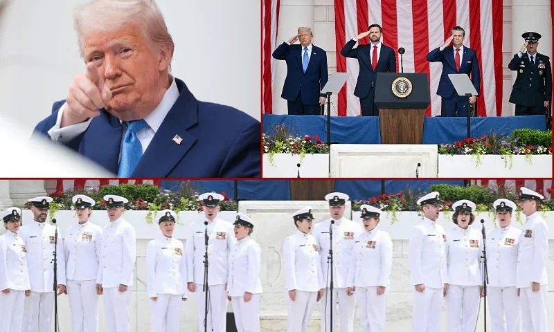 (L-Top) Trump speaks during the Memorial Day wreath-laying ceremony at the Memorial Amphitheater in Arlington National Cemetery on May 26, 2025 in Arlington, Virginia. (Photo by BRENDAN SMIALOWSKI/AFP via Getty Images) / (R-Top) US President Donald Trump (L), US Vice President JD Vance (2L), US Secretary of Defense Pete Hegseth (2R), and MG Trevor Bredenkamp, Commanding General of the Joint Task Force-National Capital Region, salute as the National Anthem is played. / (Bottom) (Photo by BRENDAN SMIALOWSKI/AFP via Getty Images)