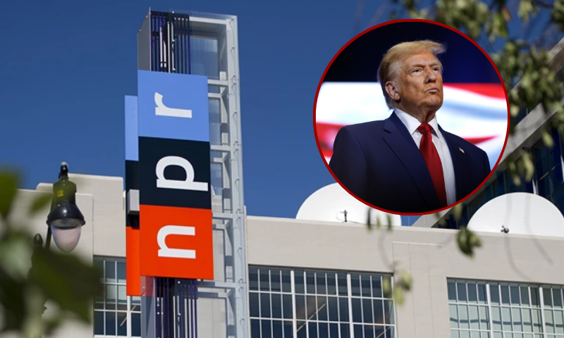 (Background) The headquarters for National Public Radio, or NPR, are seen in Washington, DC, September 17, 2013. The USD 201 million building, which opened in 2013, serves as the headquarters of the media organization that creates and distributes news, information and music programming to 975 independent radio stations throughout the US, reaching 26 million listeners each week. AFP PHOTO / Saul LOEB (Photo credit should read SAUL LOEB/AFP via Getty Images) / (R) ZEBULON, GEORGIA - OCTOBER 23: Republican presidential nominee, former U.S. President Donald Trump looks on during a roundtable with faith leaders at Christ Chapel on October 23, 2024 in Zebulon, Georgia. Trump is campaigning across Georgia today as he and Democratic presidential nominee, U.S. Vice President Kamala Harris attempt to win over swing state voters. (Photo by Anna Moneymaker/Getty Images)