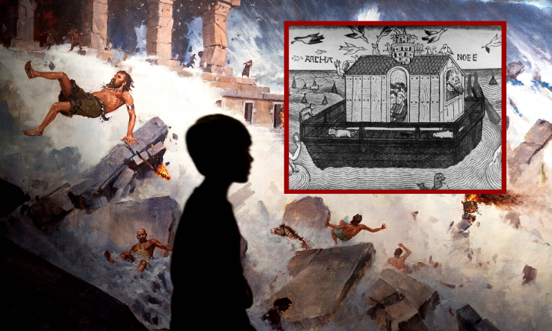 (L) A child walks past a mural at the Ark Encounter in Williamstown, Kentucky, on September 30, 2022. - A leading figure in creationism in the United States, a massive Noah's Ark, housing articulated statues of sheep, deer and even dinosaurs, attracts crowds of evangelical Christians with its spectacular staging and highly political messages. (Photo by Stefani Reynolds / AFP) (Photo by STEFANI REYNOLDS/AFP via Getty Images) / (R) A woodcut from the Nuremberg Bible of Noah's Ark, depicting the ship built by the Hebrew patriarch to save himself, his family and a pair of each species of animal and bird from the Flood (Old Testament, Genesis 6-8), circa 1493. Victoria & Albert Museum (Photo by Hulton Archive/Getty Images)