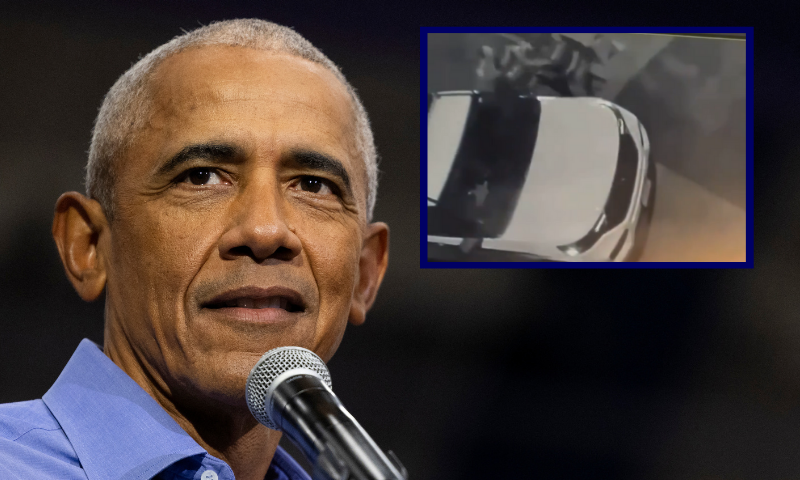 (Background) TOPSHOT - Former US President Barack Obama campaigns for US Vice President and Democratic presidential candidate Kamala Harris in Pittsburgh, Pennsylvania, on October 10, 2024. (Photo by RYAN COLLERD / AFP) (Photo by RYAN COLLERD/AFP via Getty Images) / (R) Screenshot from recent video footage depicting female secret service agents fighting (via X)