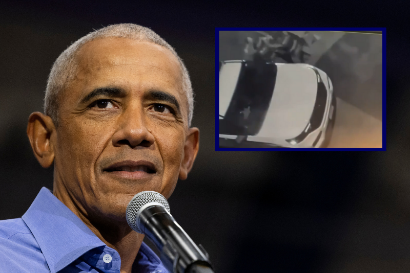 (Background) TOPSHOT - Former US President Barack Obama campaigns for US Vice President and Democratic presidential candidate Kamala Harris in Pittsburgh, Pennsylvania, on October 10, 2024. (Photo by RYAN COLLERD / AFP) (Photo by RYAN COLLERD/AFP via Getty Images) / (R) Screenshot from recent video footage depicting female secret service agents fighting (via X)