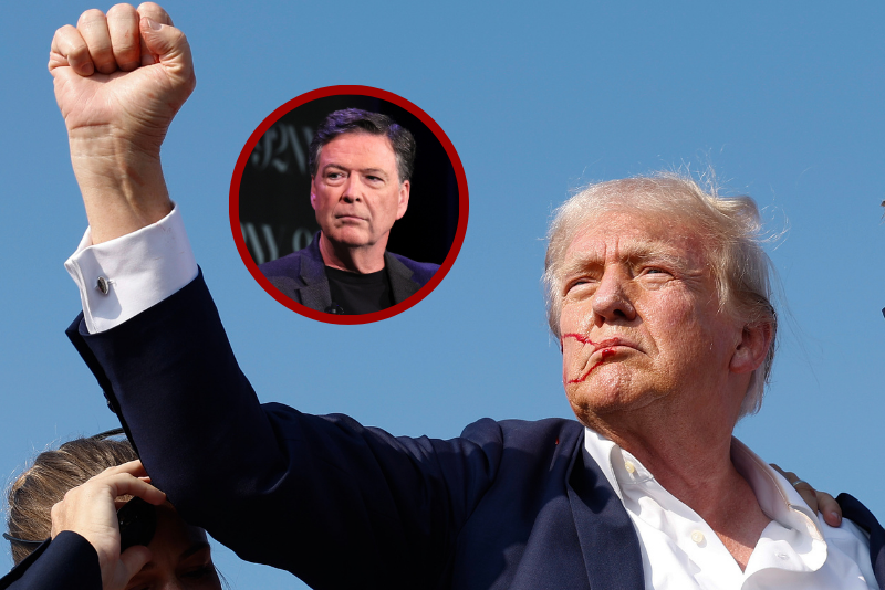B| President Donald Trump pumps his fist as he is rushed offstage during a rally on July 13, 2024 in Butler, Pennsylvania. Butler County district attorney Richard Goldinger said the shooter is dead after injuring former U.S. President Donald Trump, killing one audience member and injuring another in the shooting. (Photo by Anna Moneymaker/Getty Images) C| Nicolle Wallace (L) interviews James Comey onstage during Former FBI Director James Comey In Conversation With MSNBC's Nicolle Wallace at 92NY on May 30, 2023 in New York City. (Photo by Dia Dipasupil/Getty Images)