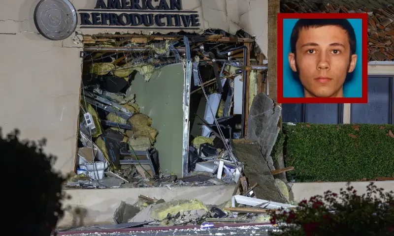 The damaged front of the American Reproductive Centers fertility clinic stands following a bomb blast on May 17, 2025 in Palm Springs, California. A suspected bomber is believed to have post a manifesto to social media before the explosion. One person was confirmed dead at the scene, according to police. (Photo by David McNew/Getty Images) | (Photo via: FBI)