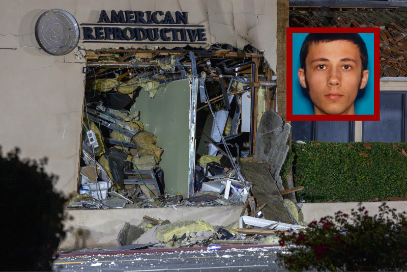 The damaged front of the American Reproductive Centers fertility clinic stands following a bomb blast on May 17, 2025 in Palm Springs, California. A suspected bomber is believed to have post a manifesto to social media before the explosion. One person was confirmed dead at the scene, according to police. (Photo by David McNew/Getty Images) | (Photo via: FBI)