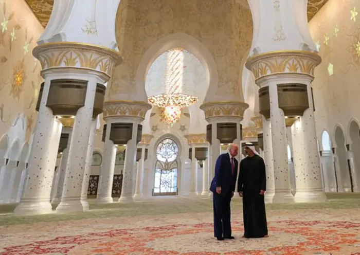 U.S. President Donald Trump tours the Sheikh Zayed Grand Mosque with Crown Prince Sheikh Khaled bin Mohamed Al Nahyan during a visit to Abu Dhabi, United Arab Emirates, May 15, 2025. REUTERS/Brian Snyder