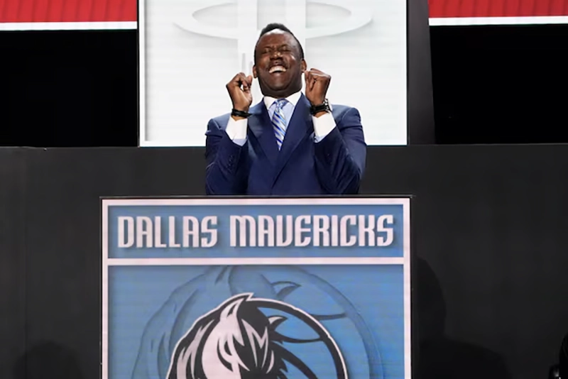 Rolando Blackman of the Dallas Mavericks reacts after winning the the first pick during the 2025 NBA Draft Lottery at McCormick Place. Mandatory Credit: David Banks-Imagn Images/File Photo