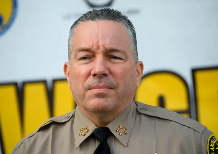Sheriff Alex Villanueva of the Los Angeles Sheriff's Department (LASD) speaks about a task force targeting wage theft outside of the Hall of Justice on February 9, 2021 in Los Angeles, California. (Photo by Patrick T. FALLON / AFP) (Photo by PATRICK T. FALLON/AFP via Getty Images)