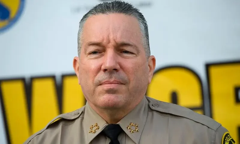 Sheriff Alex Villanueva of the Los Angeles Sheriff's Department (LASD) speaks about a task force targeting wage theft outside of the Hall of Justice on February 9, 2021 in Los Angeles, California. (Photo by Patrick T. FALLON / AFP) (Photo by PATRICK T. FALLON/AFP via Getty Images)