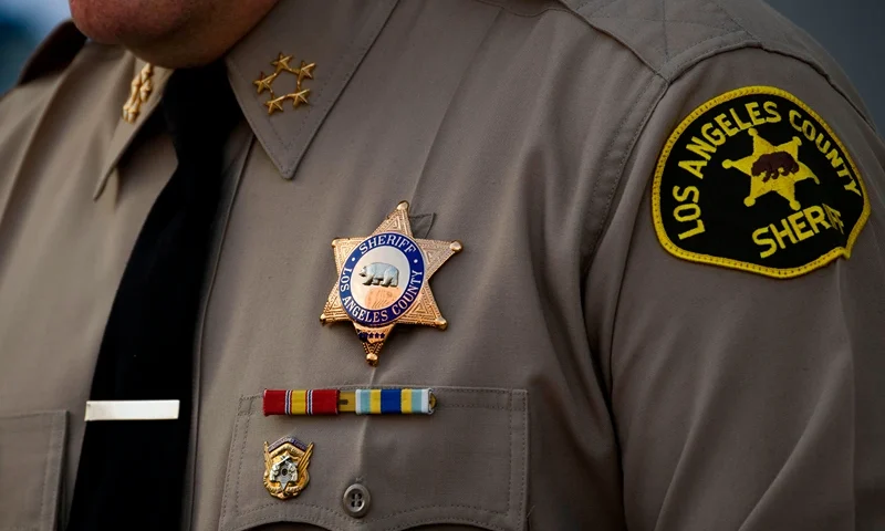 Sheriff Alex Villanueva of the Los Angeles Sheriff's Department (LASD) speaks about a task force targeting wage theft outside of the Hall of Justice on February 9, 2021 in Los Angeles, California. (Photo by Patrick T. FALLON / AFP) (Photo by PATRICK T. FALLON/AFP via Getty Images)