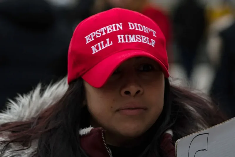NEW YORK, NY - NOVEMBER 29: People gather to protest human trafficking at the Thurgood Marshall United States Courthouse where the trial of Ghislaine Maxwell is being held on November 29, 2021 in New York City. Maxwell, the daughter of late media mogul Robert Maxwell is on trial for sex trafficking. Maxwell is expected to challenge claims she groomed underage girls for deceased and convicted pedophile Jeffrey Epstein for sexual abuse. (Photo by David Dee Delgado/Getty Images)
