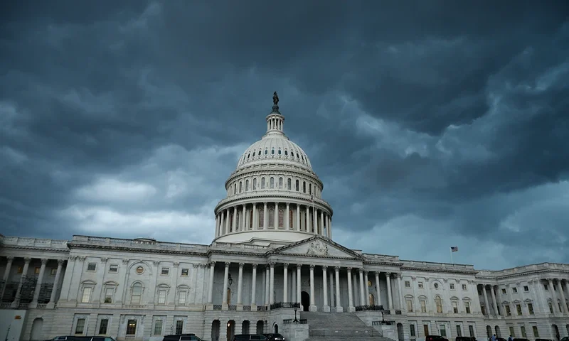 WASHINGTON, DC - JULY 25: Thunderstorm clouds roll over the U.S. Capitol on July 25, 2022 in Washington, DC. The storms prevented many members of Congress from returning to the capital on Monday, forcing the Senate to postpone a procedural vote on the so-called CHIPS+ Act, which would give $39 billion to subsidize the construction of semiconductor factories in the U.S. and $11 billion for research and development initiatives into microprocessor innovation. (Photo by Chip Somodevilla/Getty Images)