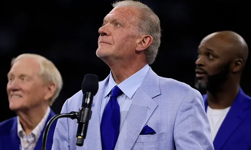 Indianapolis Colts owner Jim Irsay looks on during halftime of a game against the Washington Commanders at Lucas Oil Stadium on October 30, 2022 in Indianapolis, Indiana. (Photo by Justin Casterline/Getty Images)