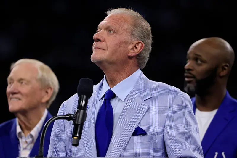 Indianapolis Colts owner Jim Irsay looks on during halftime of a game against the Washington Commanders at Lucas Oil Stadium on October 30, 2022 in Indianapolis, Indiana. (Photo by Justin Casterline/Getty Images)