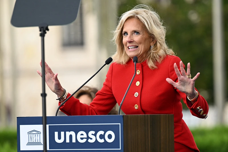 US First Lady Jill Biden speaks during a flag raising ceremony for the return of the United States to UNESCO after an over half decade absence at the UNESCO headquarters in Paris, on July 25, 2023. Jill Biden met French first lady earlier at the Elysee Palace and will head to the D-Day cemeteries in Normandy on July 26, 2023. (Photo by Bertrand GUAY / POOL / AFP) (Photo by BERTRAND GUAY/POOL/AFP via Getty Images)