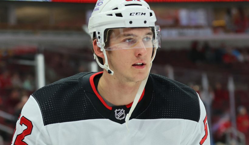 CHICAGO, ILLINOIS - NOVEMBER 05: Cal Foote #52 of the New Jersey Devils looks on prior to the game against the Chicago Blackhawks at the United Center on November 05, 2023 in Chicago, Illinois. (Photo by Michael Reaves/Getty Images)