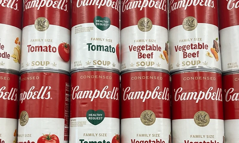 CHICAGO, ILLINOIS - SEPTEMBER 12: Cans of soup made by the Campbell Soup company are displayed for sale at a grocery store on September 12, 2024 in Chicago, Illinois. The Campbell Soup Company recently announced that it was dropping the word “Soup” from its corporate name and will be known as The Campbell’s Company. (Photo by Scott Olson/Getty Images)