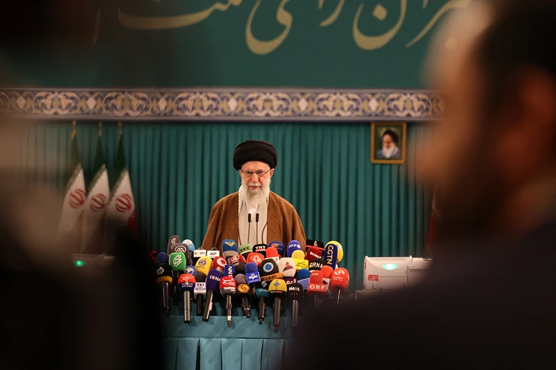 TOPSHOT - Iran's Supreme Leader Ayatollah Ali Khamenei gives a press conference after casting his ballot for the parliamentary runoff elections in Tehran on May 10, 2024. (Photo by ATTA KENARE / AFP) (Photo by ATTA KENARE/AFP via Getty Images)