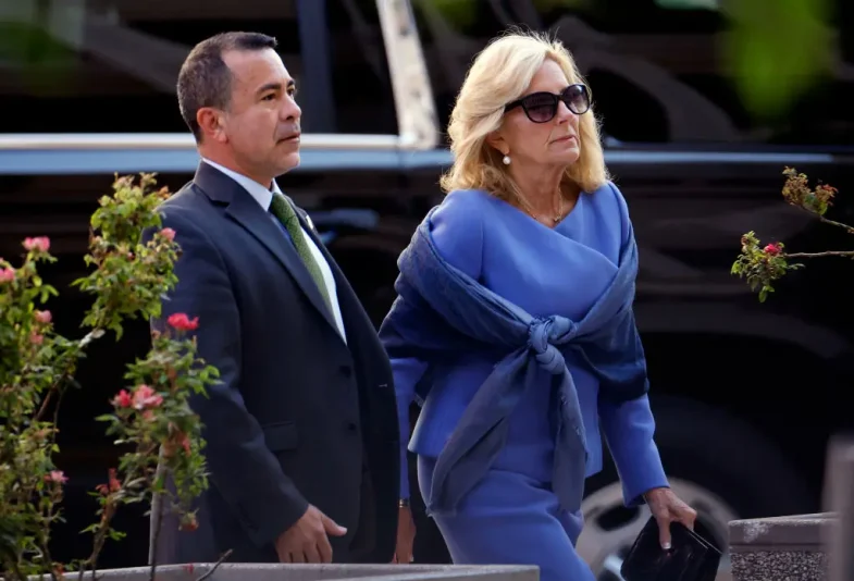 WILMINGTON, DELAWARE - JUNE 07: First lady Jill Biden and her senior advisor Anthony Bernal arrive to the J. Caleb Boggs Federal Building on June 07, 2024 in Wilmington, Delaware. The trial for Hunter Biden's felony gun charges continues today with additional witnesses. Biden returned early from her trip to Paris with President Joe Biden to attend the trial. (Photo by Kevin Dietsch/Getty Images)