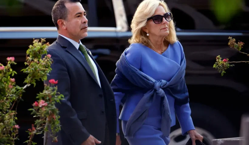 WILMINGTON, DELAWARE - JUNE 07: First lady Jill Biden and her senior advisor Anthony Bernal arrive to the J. Caleb Boggs Federal Building on June 07, 2024 in Wilmington, Delaware. The trial for Hunter Biden's felony gun charges continues today with additional witnesses. Biden returned early from her trip to Paris with President Joe Biden to attend the trial. (Photo by Kevin Dietsch/Getty Images)
