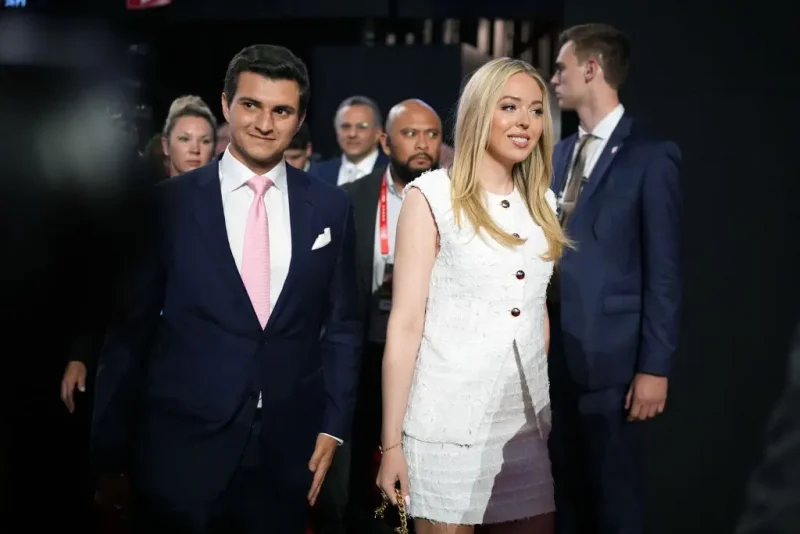 MILWAUKEE, WISCONSIN - JULY 16: Tiffany Trump, daughter of former U.S. President Donald Trump, walks with her husband Michael Boulos (L) on the second day of the Republican National Convention at the Fiserv Forum on July 16, 2024 in Milwaukee, Wisconsin. Delegates, politicians, and the Republican faithful are in Milwaukee for the annual convention, concluding with former President Donald Trump accepting his party's presidential nomination. The RNC takes place from July 15-18. (Photo by Andrew Harnik/Getty Images)