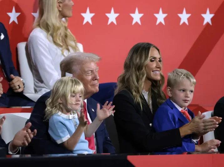 MILWAUKEE, WISCONSIN - JULY 18: Republican presidential candidate, former U.S. President Donald Trump sits with Republican National Committee co-chair Lara Trump and his grandchildren on the fourth day of the Republican National Convention at the Fiserv Forum on July 18, 2024 in Milwaukee, Wisconsin. Delegates, politicians, and the Republican faithful are in Milwaukee for the annual convention, concluding with former President Donald Trump accepting his party's presidential nomination. The RNC takes place from July 15-18. (Photo by Scott Olson/Getty Images)