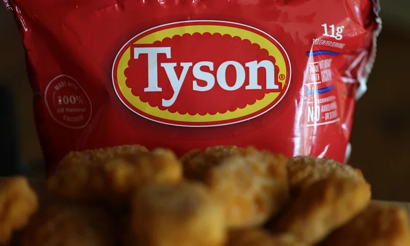 : In this photo illustration, the Tyson logo is displayed on a bag of frozen chicken nuggets on November 12, 2024 in San Anselmo, California. Tyson Foods reported fourth quarter earnings that beat analyst expectations with net sales increasing 1.6 percent to $13.57 billion, compared to an estimate of $13.39 billion. (Photo illustration by Justin Sullivan/Getty Images)