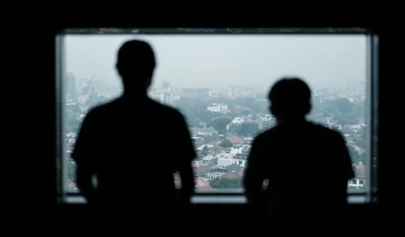 This photo taken on October 15, 2024 shows two Indonesian men, who previously fell victims of human trafficking syndicates and were forced to work as scammers in Cambodia, posing at a window as they speak to AFP in Jakarta. Thousands of Indonesians have been enticed abroad in recent years to other Southeast Asian countries for better paying jobs, only to end up in the hands of transnational scam operators. (Photo by Yasuyoshi CHIBA / AFP) / To go with 'INDONESIA-CRIME-SCAM-CAMBODIA-MYANMAR, FOCUS' by Marchio GORBIANO (Photo by YASUYOSHI CHIBA/AFP via Getty Images)