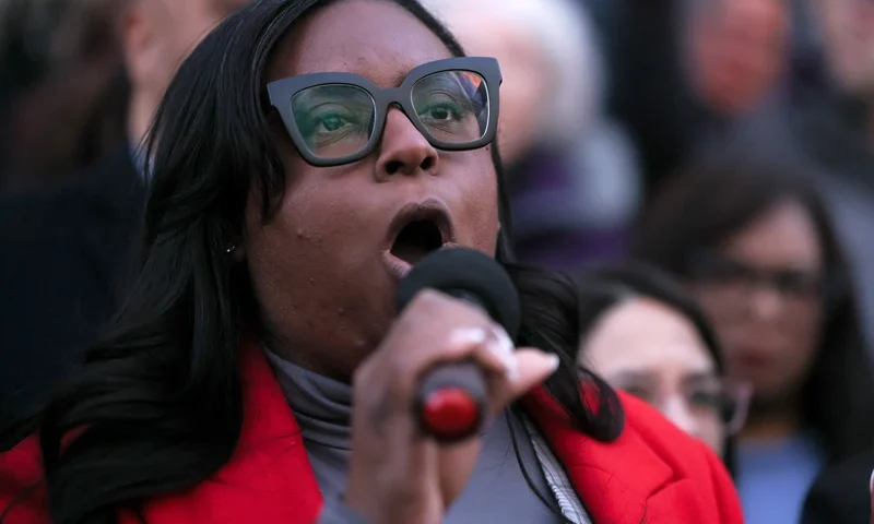 Rep. LaMonica McIver (D-NJ) speaks during the We Choose To Fight: Nobody Elected Elon rally at the U.S. Department Of The Treasury on February 04, 2025 in Washington, DC. (Photo by Jemal Countess/Getty Images for MoveOn)