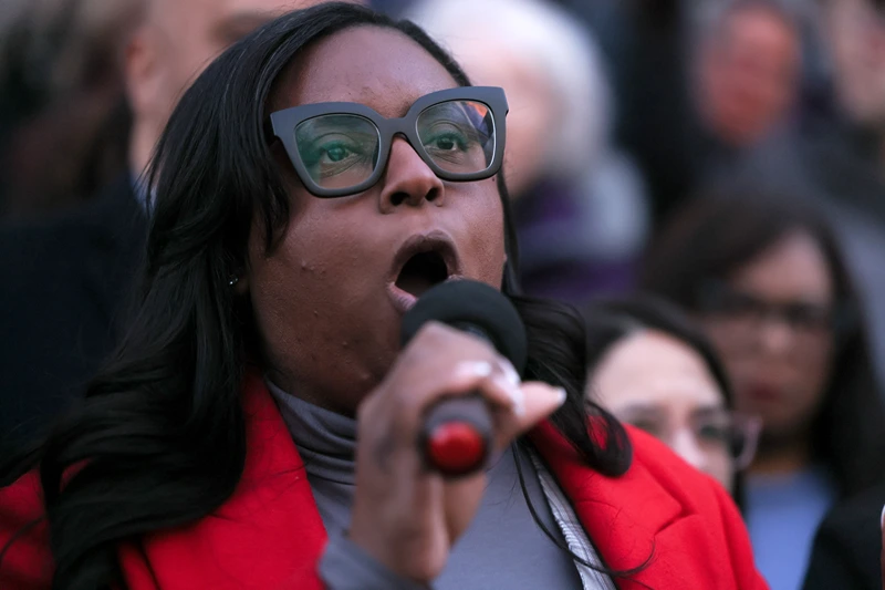 Rep. LaMonica McIver (D-NJ) speaks during the We Choose To Fight: Nobody Elected Elon rally at the U.S. Department Of The Treasury on February 04, 2025 in Washington, DC. (Photo by Jemal Countess/Getty Images for MoveOn)