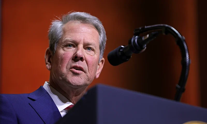 Brian Kemp, Governor of Georgia, speaks during a meeting of the Republican Governors Association at the National Building Museum in Washington, DC, on February 20, 2025. (Photo by Samuel Corum / AFP) (Photo by SAMUEL CORUM/AFP via Getty Images)