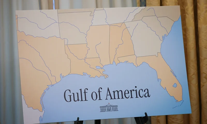 WASHINGTON, DC - FEBRUARY 21: A map with the name "Gulf of America" is shown in the Oval Office during the swearing in ceremony for U.S. Commerce Secretary Howard Lutnick on February 21, 2025 in Washington, DC. (Photo by Win McNamee/Getty Images)