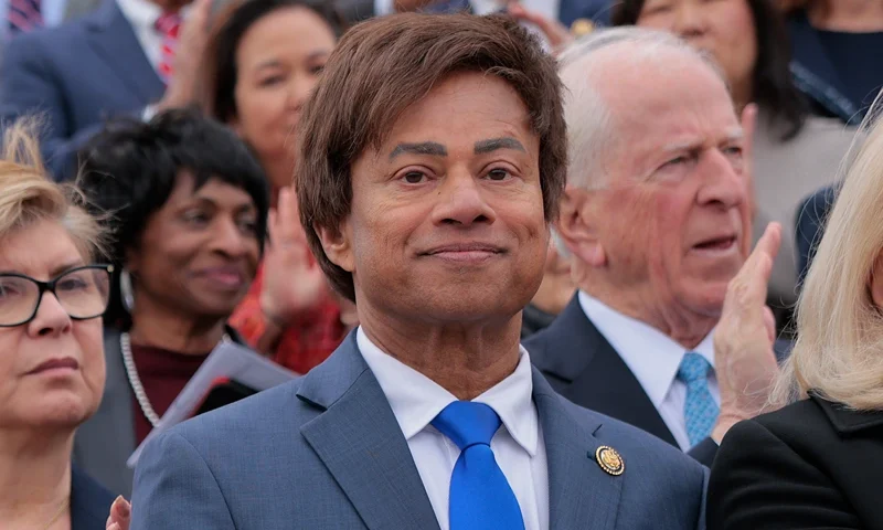 (L-R) Rep. Jimmy Gomez (D-CA), Rep. Madeleine Dean (D-PA) and Rep. Nancy Pelosi (D-CA), Rep. Shri Thanedar (D-MI) join fellow Democrats at a press conference speaking out against the Republican budget bill outside of the U.S. Capitol on February 25, 2025 in Washington, DC. The Democrats criticized the bill for cutting funding to Medicare and other social programs putting health care coverage at risk for millions of Americans. (Photo by Chip Somodevilla/Getty Images)