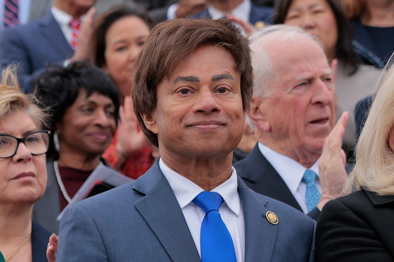 (L-R) Rep. Jimmy Gomez (D-CA), Rep. Madeleine Dean (D-PA) and Rep. Nancy Pelosi (D-CA), Rep. Shri Thanedar (D-MI) join fellow Democrats at a press conference speaking out against the Republican budget bill outside of the U.S. Capitol on February 25, 2025 in Washington, DC. The Democrats criticized the bill for cutting funding to Medicare and other social programs putting health care coverage at risk for millions of Americans. (Photo by Chip Somodevilla/Getty Images)