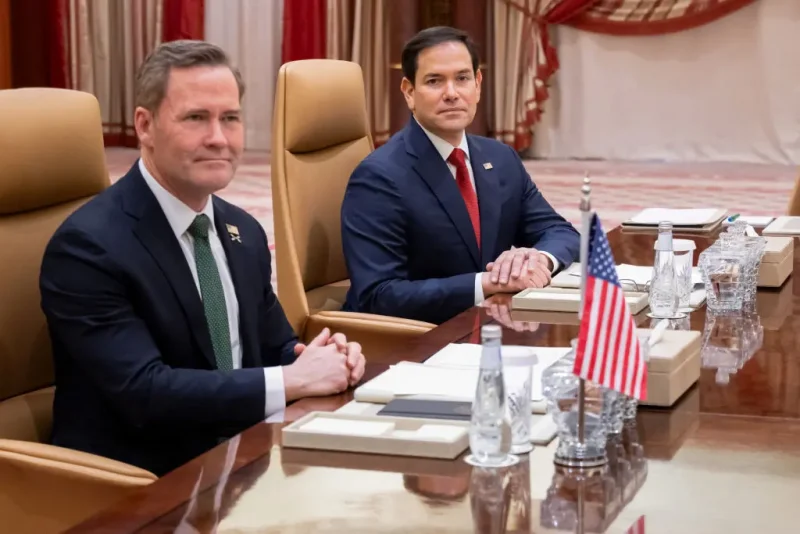 US Secretary of State Marco Rubio (R) and US National Security Advisor Mike Waltz hold a meeting with Ukrainian officials in Jeddah on March 11, 2025. In the Saudi-hosted talks, Ukraine is to present the US with a plan for a partial ceasefire with Russia, hoping to restore support from its key benefactor, which under President Donald Trump has demanded concessions to end the three-year war. (Photo by SAUL LOEB / POOL / AFP) (Photo by SAUL LOEB/POOL/AFP via Getty Images)