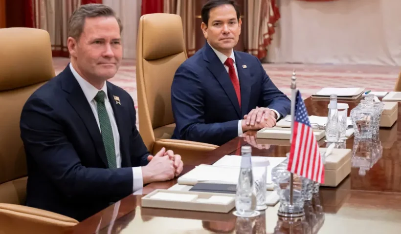 US Secretary of State Marco Rubio (R) and US National Security Advisor Mike Waltz hold a meeting with Ukrainian officials in Jeddah on March 11, 2025. In the Saudi-hosted talks, Ukraine is to present the US with a plan for a partial ceasefire with Russia, hoping to restore support from its key benefactor, which under President Donald Trump has demanded concessions to end the three-year war. (Photo by SAUL LOEB / POOL / AFP) (Photo by SAUL LOEB/POOL/AFP via Getty Images)