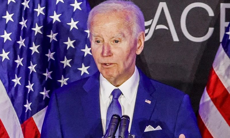 TOPSHOT - US President Joe Biden speaks during a conference of the Advocates, Counselors and Representatives for the Disabled (ACRD) at the Sofitel Hotel in Chicago, Illinois, on April 15, 2025. The event marked Biden's first public remarks since leaving the office of the US Presidency. (Photo by tannen MAURY / AFP) (Photo by TANNEN MAURY/AFP via Getty Images)