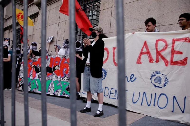 Protesters march from City College to Columbia University against the Trump administration's policies and to demand "liberty, solidarity and accountability" from their universities in New York on April 25, 2025. (Photo by Leonardo Munoz / AFP) (Photo by LEONARDO MUNOZ/AFP via Getty Images)