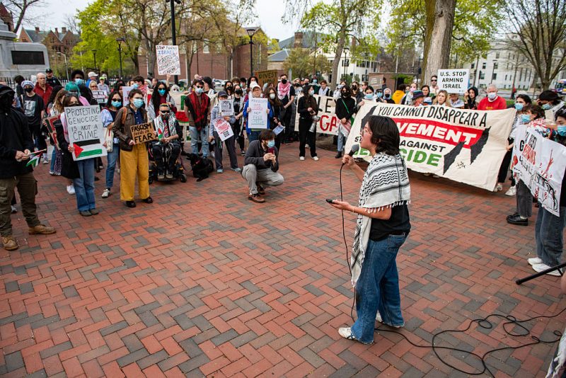 Violet Barron, a Harvard junior and activist with multiple pro-Palestinian groups, speaks at a protest against Harvard's stance on the Gaza war in Cambridge, Massachusetts, on April 25, 2025. Violet Barron is an organizer with the Harvard Out of Occupied Palestine coalition, the Harvard Undergraduate Palestine Solidarity Committee, and (co-founder of) Jews for Palestine. (Photo by Joseph Prezioso / AFP) (Photo by JOSEPH PREZIOSO/AFP via Getty Images)