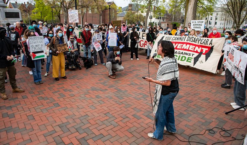 Violet Barron, a Harvard junior and activist with multiple pro-Palestinian groups, speaks at a protest against Harvard's stance on the Gaza war in Cambridge, Massachusetts, on April 25, 2025. Violet Barron is an organizer with the Harvard Out of Occupied Palestine coalition, the Harvard Undergraduate Palestine Solidarity Committee, and (co-founder of) Jews for Palestine. (Photo by Joseph Prezioso / AFP) (Photo by JOSEPH PREZIOSO/AFP via Getty Images)
