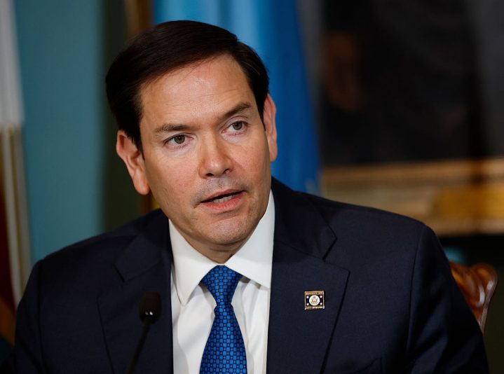 WASHINGTON, DC - APRIL 25: U.S. Secretary of State Marco Rubio delivers remarks during a a Declaration of Principles signing ceremony with Democratic Republic of the Congo Foreign Minister Thérèse Kayikwamba Wagner and Rwandan Foreign Minister Olivier Nduhungirehe at the State Department on April 25, 2025 in Washington, DC. The U.S.-facilitated agreement promotes ending fighting in the region while bringing economic development between the two nations. (Photo by Kevin Dietsch/Getty Images)
