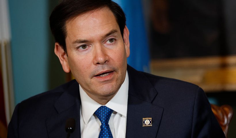 WASHINGTON, DC - APRIL 25: U.S. Secretary of State Marco Rubio delivers remarks during a a Declaration of Principles signing ceremony with Democratic Republic of the Congo Foreign Minister Thérèse Kayikwamba Wagner and Rwandan Foreign Minister Olivier Nduhungirehe at the State Department on April 25, 2025 in Washington, DC. The U.S.-facilitated agreement promotes ending fighting in the region while bringing economic development between the two nations. (Photo by Kevin Dietsch/Getty Images)