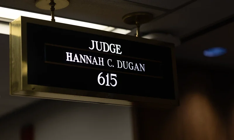 A sign hangs above the courtroom of Milwaukee County Circuit Judge Hannah Dugan in the Milwaukee County Courthouse on April 25, 2025 in Milwaukee, Wisconsin. Judge Dugan was arrested by the FBI after arriving at work this morning and charged in federal court for allegedly helping an undocumented immigrant avoid arrest. (Photo by Scott Olson/Getty Images)